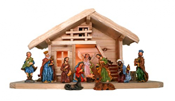 mgc24 Weihnachtskrippe Tischkrippe aus Holz, komplett mit 11 Krippenfiguren handbemalt, LED-Beleuchtung - 1
