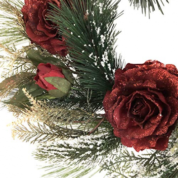 OF Türkranz, Weihnachtskranz mit 50 warmweißen LED Lichterkette und Timer - Batteriebetrieben - Adventskranz (Rote Rosen) - 2