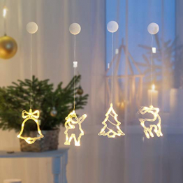 SALCAR 4er Set LED Fensterbilder mit saugnapf, Weihnachtsmann, Glocken, Rentier & Baum Fensterbilder LED Dekoration für Weihnachtsfenster - Warmweiß - 1