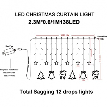 138 LED Lichtervorhang, LED Lichterkette mit Sterne & Weihnachtsmuster, Weihnachtsbeleuchtung Innen Außen Wasserdicht Dekoration für Weihnachtsdeko - 7
