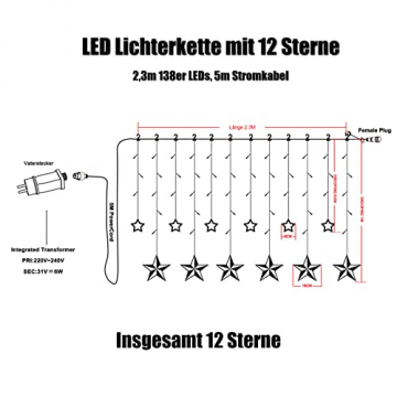 12 Sterne LED Lichterkette, Lichtervorhang weihnachtslichter Sternenvorhang 138 LEDs 8 Modi Für Innen Außen, Weihnachten, Party, Deko, Hochzeit, Garten, Balkon - 6