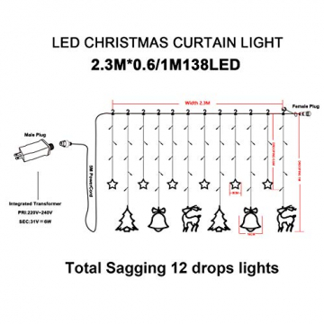 138 LED 2.3m Lichterkette Warmweiß,Lichtervorhang mit 8 modi und Timer,Sterne & Weihnachtsmuster, Weihnachtsbeleuchtung Innen/Außen, IP44 Wasserdicht Dekoration Für Christmas Weihnachtsdeko - 4