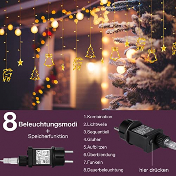 138 LED 2.3m Lichterkette Warmweiß,Lichtervorhang mit 8 modi und Timer,Sterne & Weihnachtsmuster, Weihnachtsbeleuchtung Innen/Außen, IP44 Wasserdicht Dekoration Für Christmas Weihnachtsdeko - 7