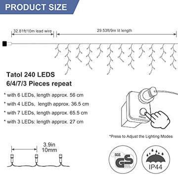 [240 LED] Lichterkette, 9M 8 Modi Lichterkette Außen Strom Weihnachtsbeleuchtung Wasserdicht Außen/Innen LED Lichterkette mit Memory-Funktion für Garten Balkon Weihnachtsbeleuchtung Außen, Kaltweiß - 5