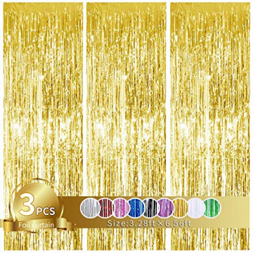 3 Stück Golden Metallic Lametta Vorhänge,Tinsel Folie Vorhang Folienfransen Vorhang für Hochzeit Verlobung Brautdusche Geburtstag Bachelorette Party Bühnendekor … - 1