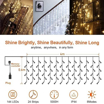 4M LED Lichtervorhang Erweiterbar, GlobaLink Led Eisregen Lichterkette Außen Weihnachtsbeleuchtung Warmweiß IP44 mit Stecker 8 Modi für Zimmer Balkon Terrase Party Weihnachten Innen und außen Deko - 6