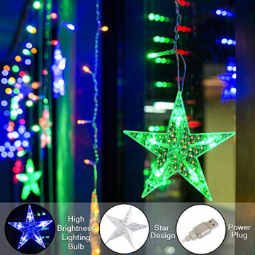 BLOOMWIN Lichtervorhang Stern Lichterkettenvorhang USB 3x0,65M 120LEDs 8Modi Stimmungslichter Weihnachtsbeleuchtung für Fenster Tür Innen Sternenvorhang Bunt - 2