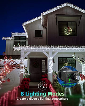 Eisregen Lichterkette Außen, LIGHTNUM 14M 360 LED Lichterkette Strom mit Stecker, Wasserdicht Weihnachtsbeleuchtung Kaltweiße, 8 Modi, Eiszapfen Lichtervorhang für Traufe, Treppe, Geländer, Fenster - 4