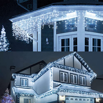 Eisregen Lichterkette Außen, LIGHTNUM 14M 360 LED Lichterkette Strom mit Stecker, Wasserdicht Weihnachtsbeleuchtung Kaltweiße, 8 Modi, Eiszapfen Lichtervorhang für Traufe, Treppe, Geländer, Fenster - 1
