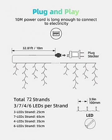 Eisregen Lichterkette Außen, LIGHTNUM 14M 360 LED Lichterkette Strom mit Stecker, Wasserdicht Weihnachtsbeleuchtung Kaltweiße, 8 Modi, Eiszapfen Lichtervorhang für Traufe, Treppe, Geländer, Fenster - 7