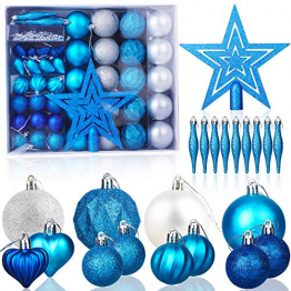 HOWAF Christbaumkugeln Set - 50 Stück weihnachtsbaumkugeln aus Kunststoff -Silber und Blau, Christbaumkugeln Plastik Bruchsicher mit Aufhänger für Weihnachtsbaum Deko & Christbaumschmuck - 1