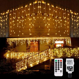 Led Eisregen Lichterkette Strom, 10m 400leds für Innen und Außen, GS geprüft, IP44, 8 Modi Lichtvorhang Mit Merkfunktion Fernbedienung Timer Für Zimmer, Traufe, Weihnachten, Treppe, Geländer - 1