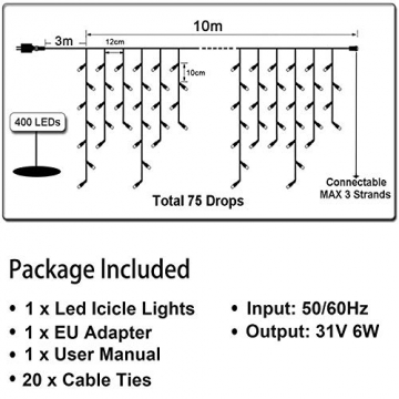 Led Eisregen Lichterkette Strom, 10m 400leds für Innen und Außen, GS geprüft, IP44, 8 Modi Lichtvorhang Mit Merkfunktion Fernbedienung Timer Für Zimmer, Traufe, Weihnachten, Treppe, Geländer - 6