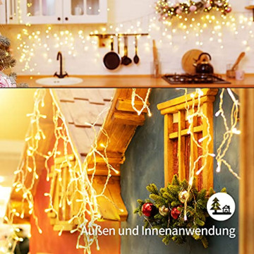 LED Lichterkette Eisregen, AKASUKI 14M 360 LED Lichtervorhang mit 8 Beleuchtungsmodi, Eiszapfen Lichterkette Innen und Außen, Strombetrieben für Party, Hochzeit, Balkon, Garten Deko, Warmweiß - 5