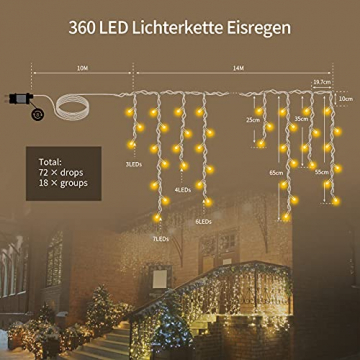 LED Lichterkette Eisregen, AKASUKI 14M 360 LED Lichtervorhang mit 8 Beleuchtungsmodi, Eiszapfen Lichterkette Innen und Außen, Strombetrieben für Party, Hochzeit, Balkon, Garten Deko, Warmweiß - 6