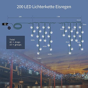 LED Lichterkette Eisregen, AKASUKI 7.5M 200 LED Lichtervorhang mit 8 Beleuchtungsmodi, Eiszapfen Lichterkette Innen und Außen, Strombetrieben für Party, Hochzeit, Balkon, Garten Deko, Kaltweiß - 6