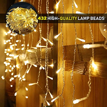 LED Lichtervorhang Aussen,10m 432 LED Lichterkette außen Innen Lichterkette Eisregen IP44 Wasserdicht,8 modi Lichtervorhang strom für Zimmer Traufe Treppe Geländer Balkon Hochzeit Weihnachten Party - 7