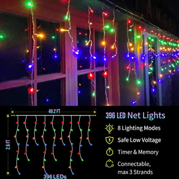 Lichterkette Eisregen Außen, 10M 396 LED Erweiterbar Eiszapfen Lichtervorhang Weihnachtsbeleuchtung mit 8 Beleuchtungsmodi und Timer, Wasserdicht Bunt Lichterkette mit Fernbedienung für Party, Balkon - 2