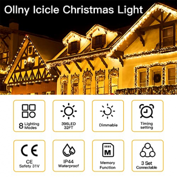 Lichterkette Eisregen außen Warmweiß, Ollny 396LEDs 10m 66Saiten Lichterkette außen Dachrinne Eiszapfen Lichterkette Innen 8 Modi mit Fernbedienung & Timer Strom für Weihnachten Party Pavillon Balkon - 7