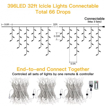 Lichterkette Eisregen außen Warmweiß, Ollny 396LEDs 10m 66Saiten Lichterkette außen Dachrinne Eiszapfen Lichterkette Innen 8 Modi mit Fernbedienung & Timer Strom für Weihnachten Party Pavillon Balkon - 8