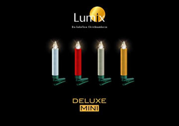 LUMIX Deluxe Mini, kabellose LED-Mini-Christbaumkerzen, Basis-Set mit 14 Kerzen und IR-Fernbedienung, 5x dimmbar, Flackermodus, Gold, Art. 75343, 1-er pack, goldfarben - 4