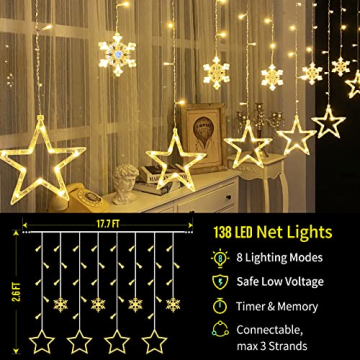OBOVO LED Sterne Lichterkette mit Schneeflocke,138 LED Erweiterbar Lichtervorhang Lichterkette mit Fernbedienung und Timer,8 Modi Warmweiß Weihnachtsbeleuchtung für Innen Außen Zimmer Weihnachten Deko - 3