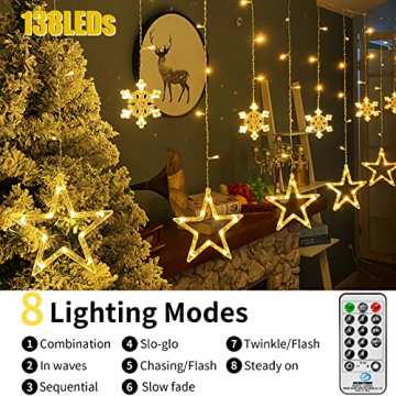 OBOVO LED Sterne Lichterkette mit Schneeflocke,138 LED Erweiterbar Lichtervorhang Lichterkette mit Fernbedienung und Timer,8 Modi Warmweiß Weihnachtsbeleuchtung für Innen Außen Zimmer Weihnachten Deko - 4