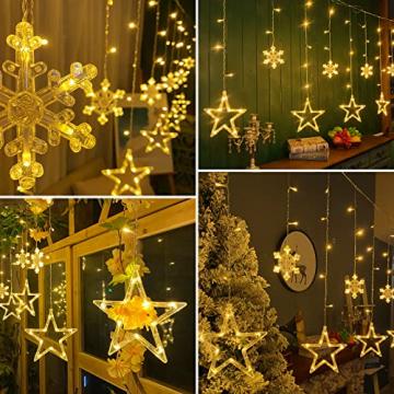 OBOVO LED Sterne Lichterkette mit Schneeflocke,138 LED Erweiterbar Lichtervorhang Lichterkette mit Fernbedienung und Timer,8 Modi Warmweiß Weihnachtsbeleuchtung für Innen Außen Zimmer Weihnachten Deko - 6