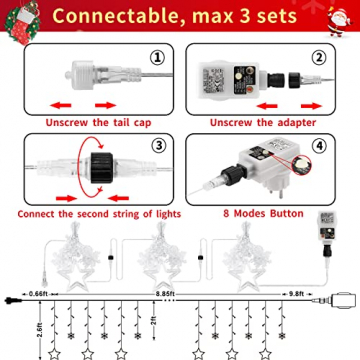 OBOVO LED Sterne Lichterkette mit Schneeflocke,138 LED Erweiterbar Lichtervorhang Lichterkette mit Fernbedienung und Timer,8 Modi Warmweiß Weihnachtsbeleuchtung für Innen Außen Zimmer Weihnachten Deko - 7