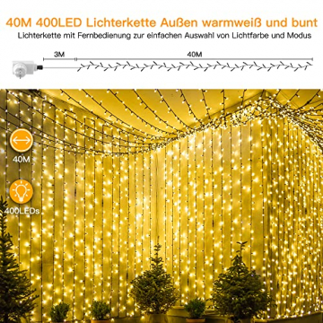 Ollny Lichterkette außen 40M 400 Led Lichterkette innen Warmweiß und bunt 4 in 1 Weihnachtsbaum Lichterkette außen Strom mit Fernbedienung Timer, Outdoor Lichterkette 11 Modi Weihnachtsbeleuchtung - 4