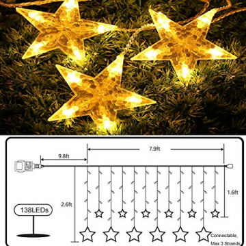 Qedertek LED Sterne Lichterkette, 138 LED Lichtervorhang Weihnachtsbeleuchtung Warmweiß, Fenster Lichterkette Innen Strombetrieben, Lichterkette Vorhang für Weihnachten Deko, Balkon, Party, Hochzeit - 5