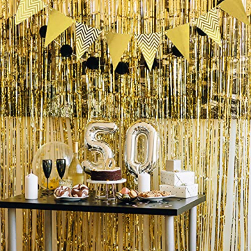 QincLing 3 STK Metallic Lametta Vorhänge Set, Fringe Vorhänge Lametta Tinsel Vorhang Folienfransen mit Flagge Bunting Banner und Glitter Papier Sternform Girlande für Geburtstag Party/Hochzeit (Gold) - 4