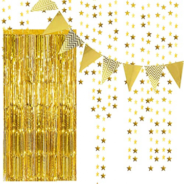 QincLing 3 STK Metallic Lametta Vorhänge Set, Fringe Vorhänge Lametta Tinsel Vorhang Folienfransen mit Flagge Bunting Banner und Glitter Papier Sternform Girlande für Geburtstag Party/Hochzeit (Gold) - 1