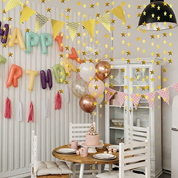 QincLing 3 STK Metallic Lametta Vorhänge Set, Fringe Vorhänge Lametta Tinsel Vorhang Folienfransen mit Flagge Bunting Banner und Glitter Papier Sternform Girlande für Geburtstag Party/Hochzeit (Gold) - 6