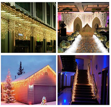 SALCAR 5m LED Lichtervorhang Eisregen + 3m Netzkabel, dekorative LED Lichterkette mit 200 spritzwassergeschützten LEDs, 31V Sicherheitsnetzteil, 8 Betriebsmodi mit Memory-Funktion - Warmweiß - 2