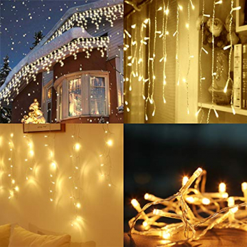 SALCAR 5m LED Lichtervorhang Eisregen + 3m Netzkabel, dekorative LED Lichterkette mit 200 spritzwassergeschützten LEDs, 31V Sicherheitsnetzteil, 8 Betriebsmodi mit Memory-Funktion - Warmweiß - 3