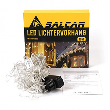 SALCAR 5m LED Lichtervorhang Eisregen + 3m Netzkabel, dekorative LED Lichterkette mit 200 spritzwassergeschützten LEDs, 31V Sicherheitsnetzteil, 8 Betriebsmodi mit Memory-Funktion - Warmweiß - 7