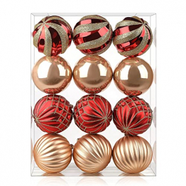 SHareconn Weihnachtskugeln Set in 4 Typen, 12 Christbaumkugeln 8cm Bruchsicher Weihnachtsornamente Bälle Dekoration für Weihnachtsbaumschmuck, Tolle Dekorationen für Weihnachtsfeiern, Rot Und Gold - 1