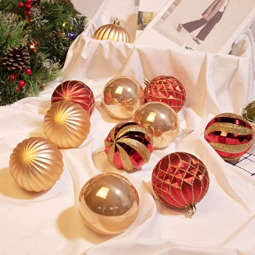 SHareconn Weihnachtskugeln Set in 4 Typen, 12 Christbaumkugeln 8cm Bruchsicher Weihnachtsornamente Bälle Dekoration für Weihnachtsbaumschmuck, Tolle Dekorationen für Weihnachtsfeiern, Rot Und Gold - 4