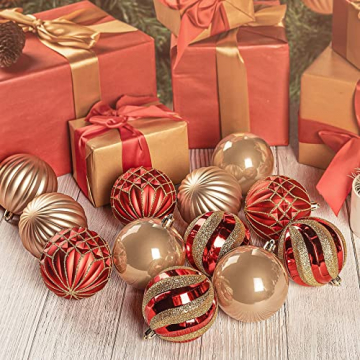 SHareconn Weihnachtskugeln Set in 4 Typen, 12 Christbaumkugeln 8cm Bruchsicher Weihnachtsornamente Bälle Dekoration für Weihnachtsbaumschmuck, Tolle Dekorationen für Weihnachtsfeiern, Rot Und Gold - 5