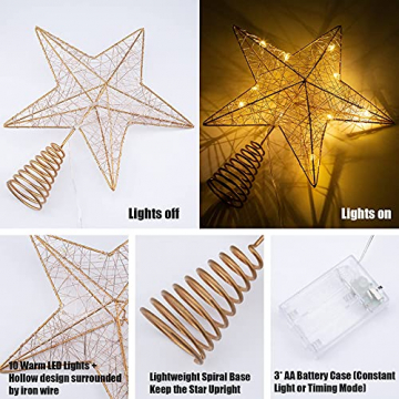 Weihnachtsbaumspitze 10 LED warme Lichter 10 Zoll Rustikales Bauernhaus Metall Xmas Treetop Star für Christbaumschmuck - 2