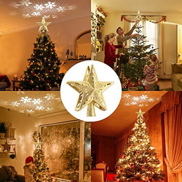 Weihnachtsbaumspitze Stern mit Schneeflocken LED Projektor, Elktry Strombetrieben Christbaumspitze Stern, Rotierendes LED-Licht als funkelnden dynamischen Schneeflocke, Baumspitze mit Lichtern - Gold - 2