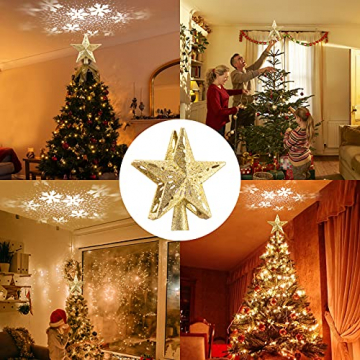 Weihnachtsbaumspitze Stern mit Schneeflocken LED Projektor, Elktry Strombetrieben Christbaumspitze Stern, Rotierendes LED-Licht als funkelnden dynamischen Schneeflocke, Baumspitze mit Lichtern - Gold - 2