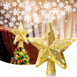 Weihnachtsbaumspitze Stern mit Schneeflocken LED Projektor, Elktry Strombetrieben Christbaumspitze Stern, Rotierendes LED-Licht als funkelnden dynamischen Schneeflocke, Baumspitze mit Lichtern - Gold - 1