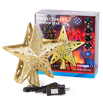 Weihnachtsbaumspitze Stern mit Schneeflocken LED Projektor, Elktry Strombetrieben Christbaumspitze Stern, Rotierendes LED-Licht als funkelnden dynamischen Schneeflocke, Baumspitze mit Lichtern - Gold - 7