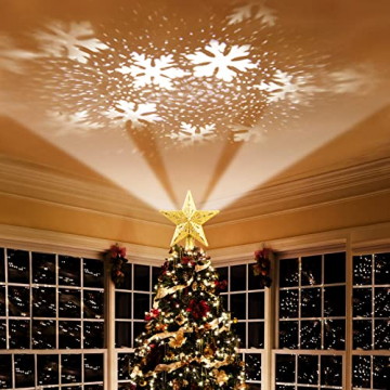 Weihnachtsbaumspitze Stern mit Schneeflocken LED Projektor, Elktry Strombetrieben Christbaumspitze Stern, Rotierendes LED-Licht als funkelnden dynamischen Schneeflocke, Baumspitze mit Lichtern - Gold - 8