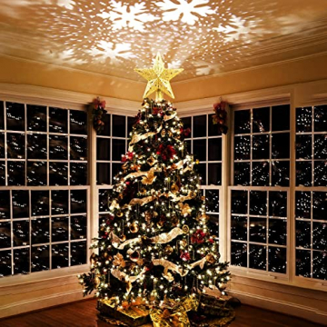 Weihnachtsbaumspitze Stern mit Schneeflocken LED Projektor, Elktry Strombetrieben Christbaumspitze Stern, Rotierendes LED-Licht als funkelnden dynamischen Schneeflocke, Baumspitze mit Lichtern - Gold - 9