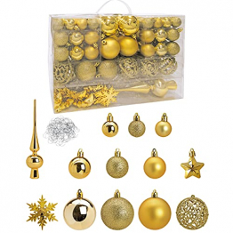 WOMA Christbaumkugeln Set in 19 weihnachtlichen Farben - 111er Set Weihnachtskugeln Gold aus Kunststoff + Baumspitze - Gold, Silber, Rot & Kupfer UVM - Weihnachtsbaum Deko & Christbaumschmuck - 1