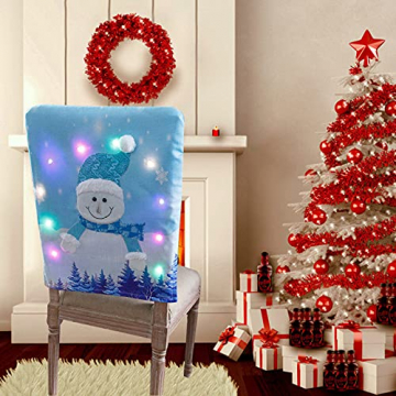 LOVIVER Dehnbare Vliesstoffe Weihnachten LED Lichter Stuhlbezug Küche Weicher Dicker Weihnachtsbedruckter Stuhlrückenbezug Waschbar - Schneemann - 3