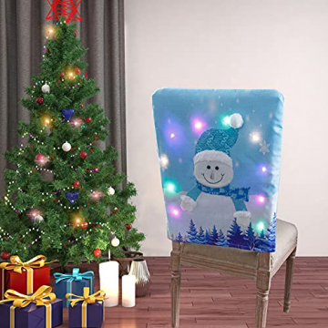 LOVIVER Dehnbare Vliesstoffe Weihnachten LED Lichter Stuhlbezug Küche Weicher Dicker Weihnachtsbedruckter Stuhlrückenbezug Waschbar - Schneemann - 5